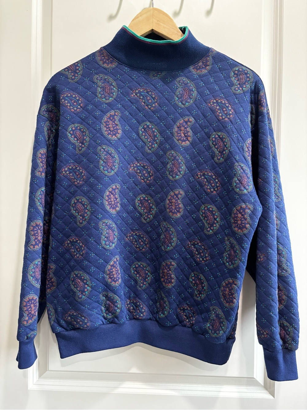 Vintage Gitano Quilted Sweatshirt Medium Blue Paisley Mock Neck 90s Retro Knit